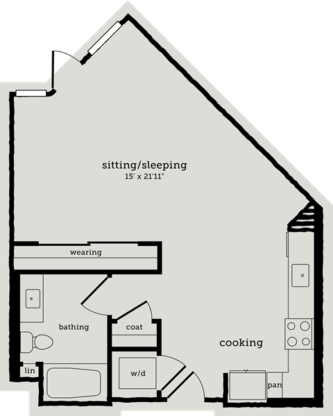 Floor plan for studio, 1 bath, 676 sqft